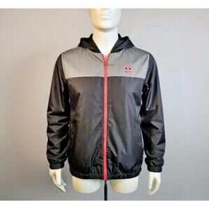 Marvel Deadpool Windbreaker Jacket Gray Black Red Zip Hooded Men’s XL